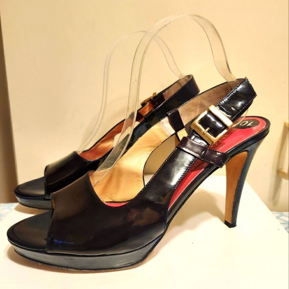 Kate Spade New York Black Patent Leather Peep Toe Slingback Pumps sz.10 Ret $295